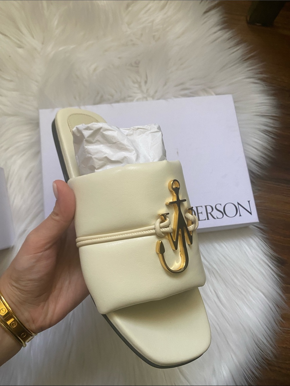 JW ANDERSON Cream Leather Slide Sandals with Gold Anchoring - Picture 4 of 5